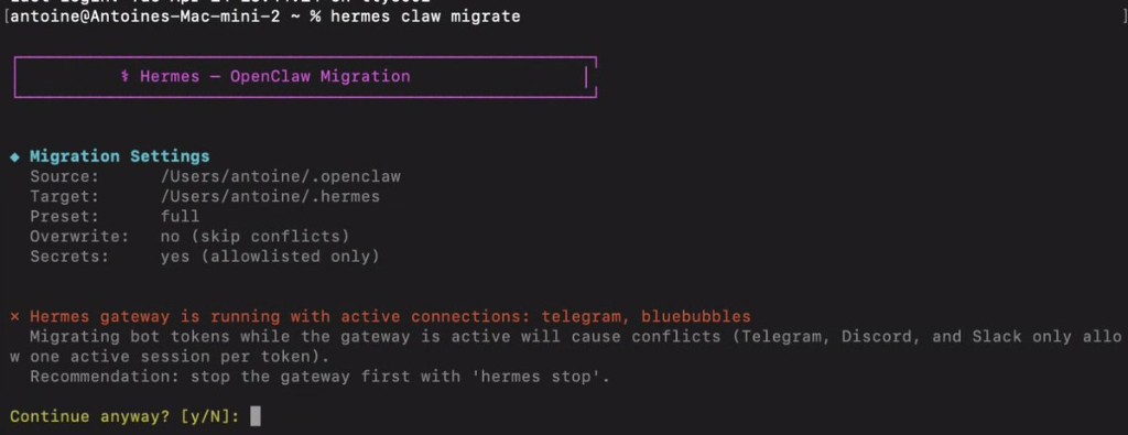 Hermes OpenClaw migration command output with settings and confirmation prompt