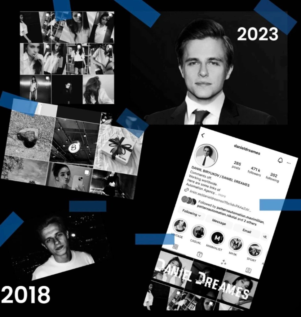 Daniil Biryukov — creative timeline, portraits, and social presence (black and white with blue tape accents).